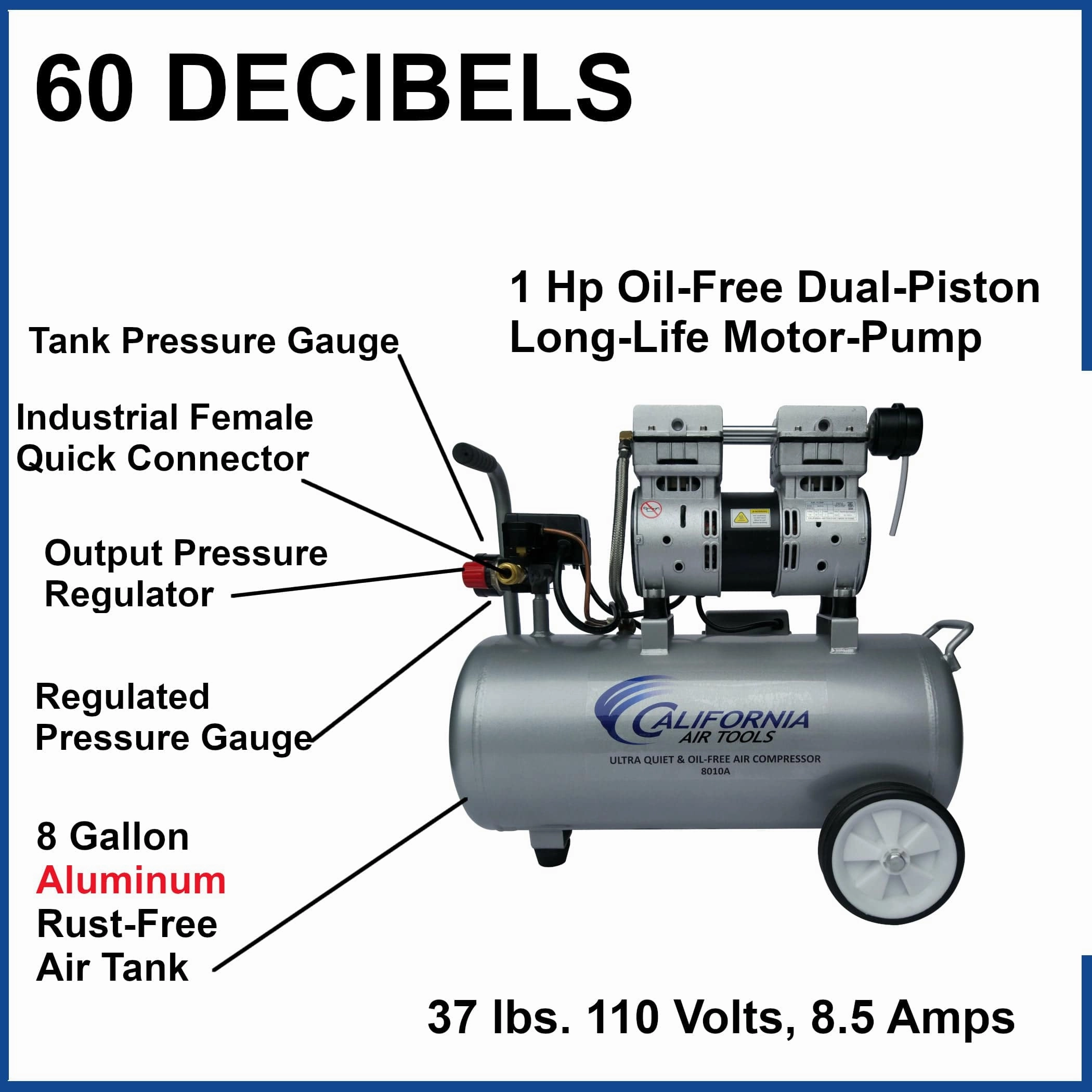 1HP 8 Gallon Oil-Free Aluminum Tank Air Compressor