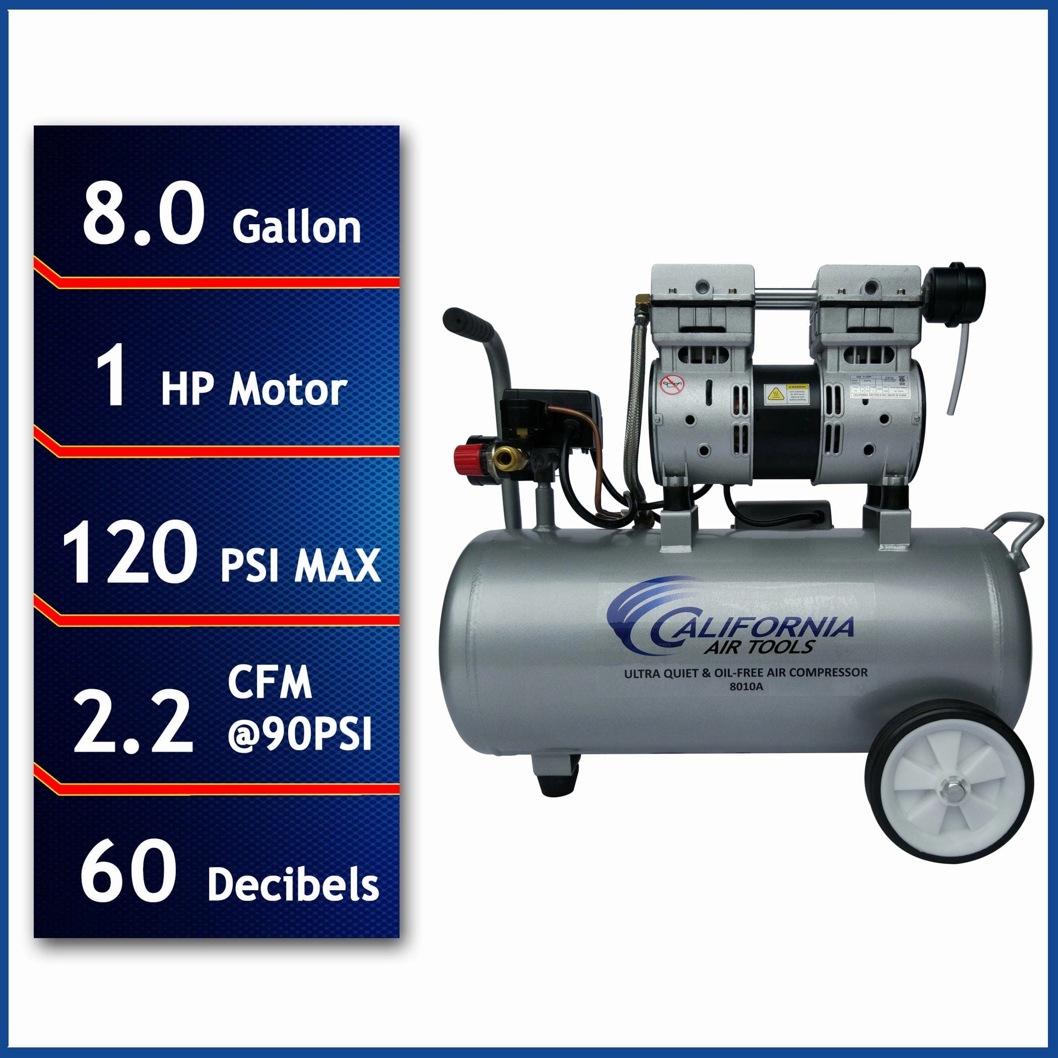 1HP 8 Gallon Oil-Free Aluminum Tank Air Compressor