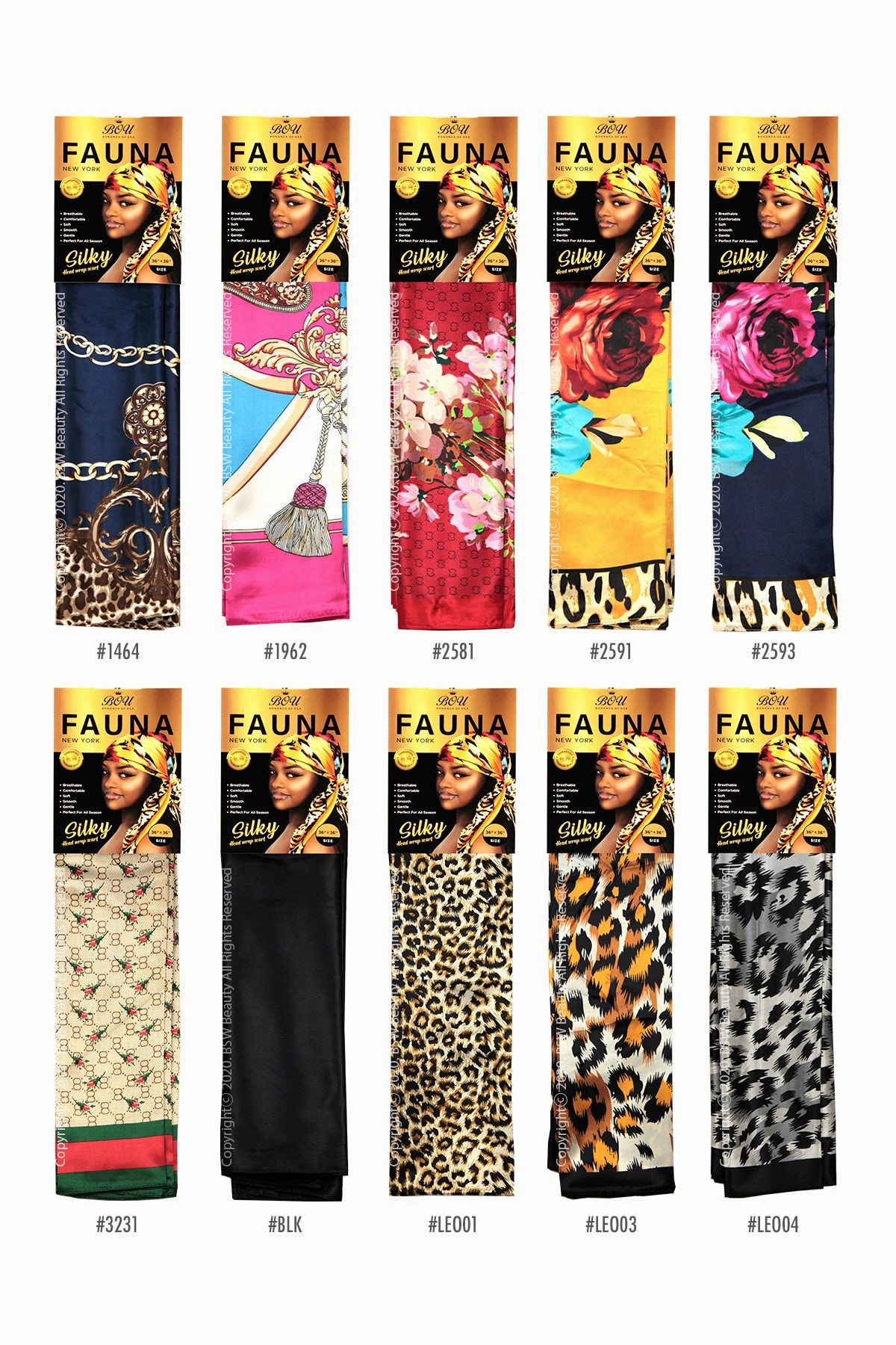 BOU FAUNA NEW YORK SILKY HEAD WRAP SCARF 36" X 36"- 10 TYPE