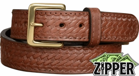Brown Basket Weave English Bridle Leather Money Belt With 25" Zipper 1.50" Wide