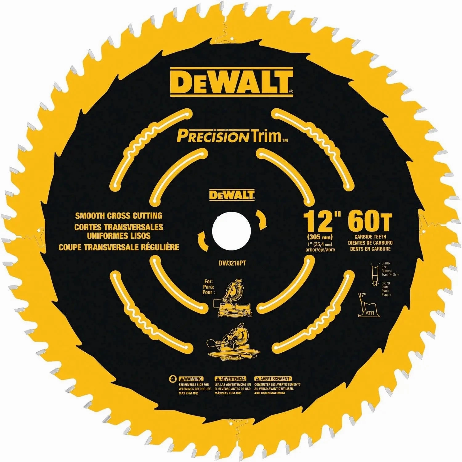 DEWALT DW3216PT-12-Inch Miter Saw Blade, Precision Trim, Atb, Crosscutting, 1-Inch Arbor, Tough Coat Finish, 60-Tooth