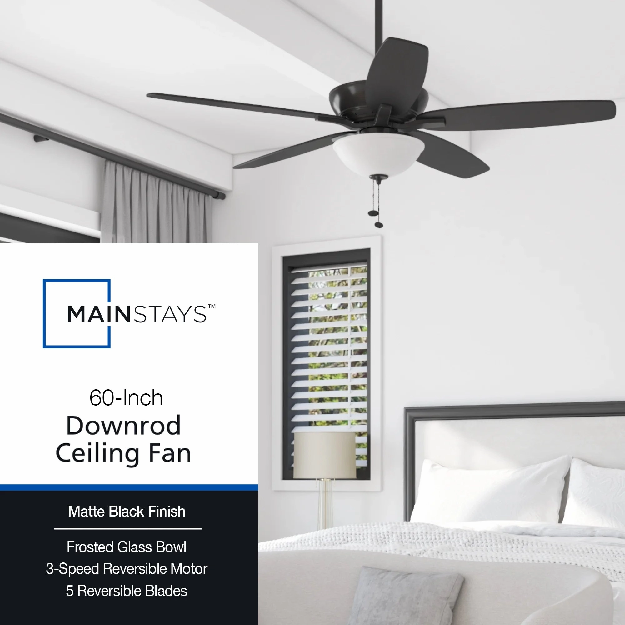 Mainstays 10464 60" Black Ceiling Fan with Light, 5 Blades, Reverse Airflow, Pull Chain Control, Matte Black