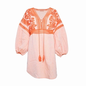 Short Floral-Embroidered Cotton-Linen Caftan