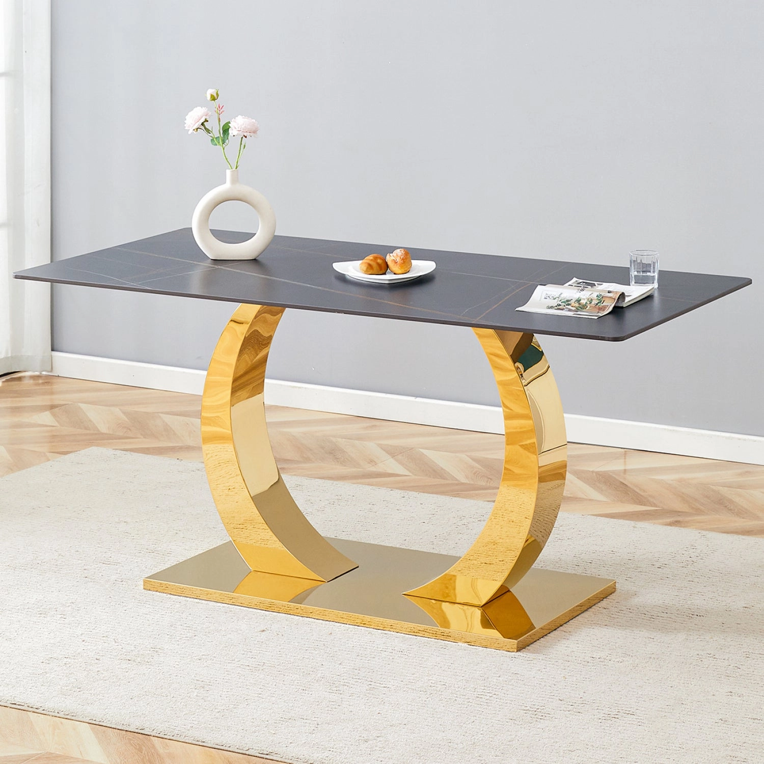 Streamdale 63" Sintered Stone Dining Table - Elegant & Durable, Black Marble Texture
