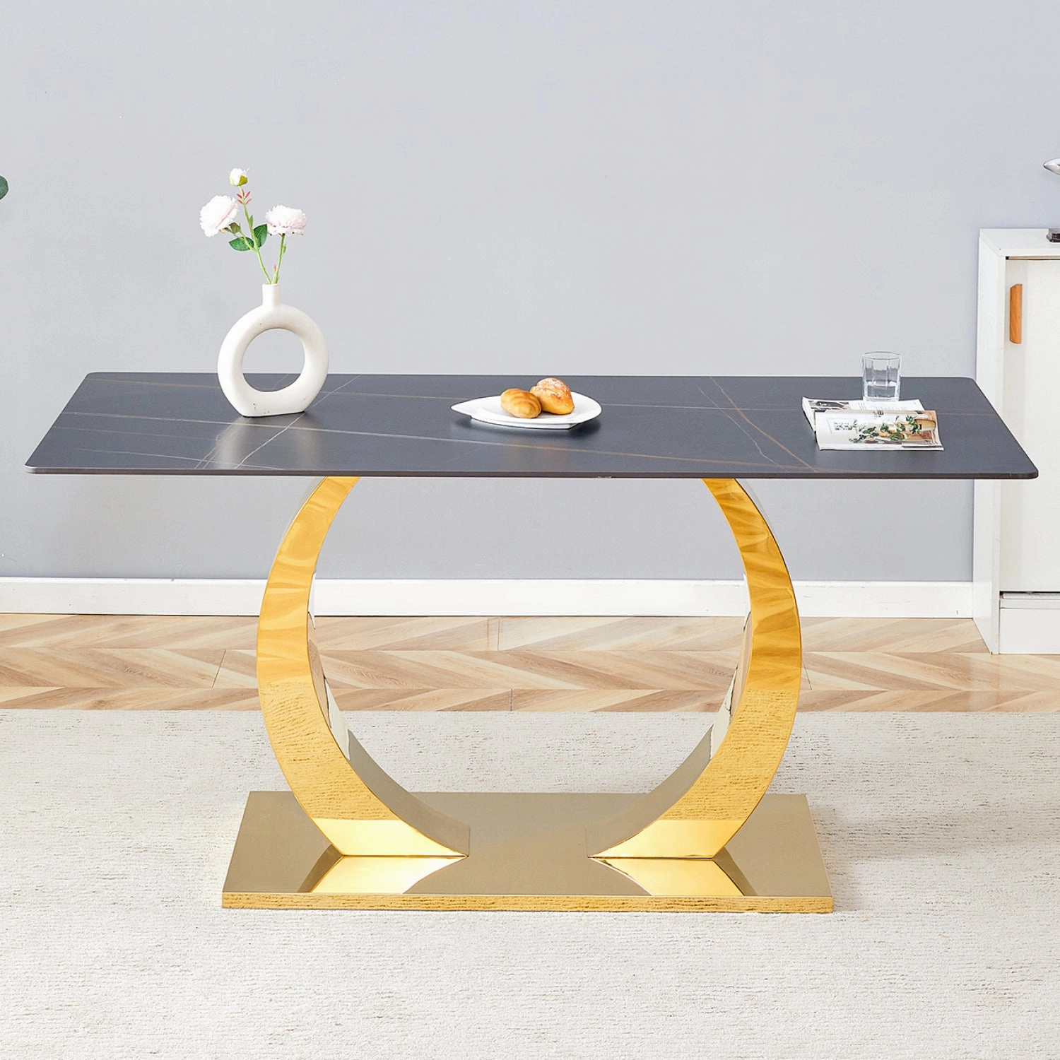 Streamdale 63" Sintered Stone Dining Table - Elegant & Durable, Black Marble Texture