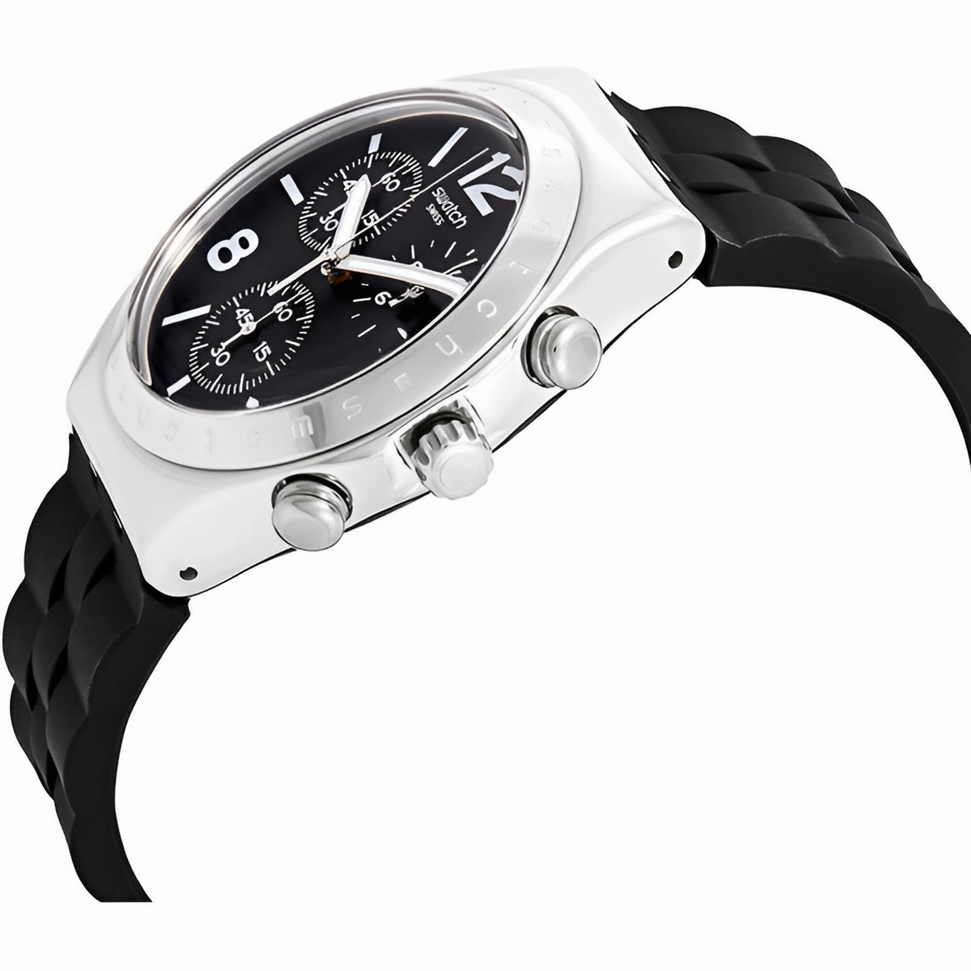 Swatch Men's Watch - Irony Noir De Bienne Chrono Black Dial Silicone Strap | YCS116