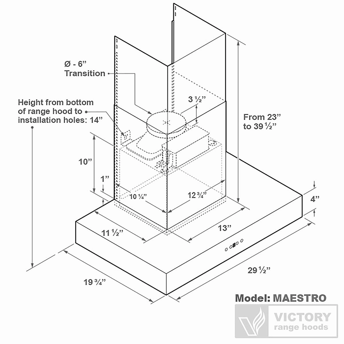VICTORY Stainless Steel 30" 600 CFM Wall Mount Range Hood - Maestro-30