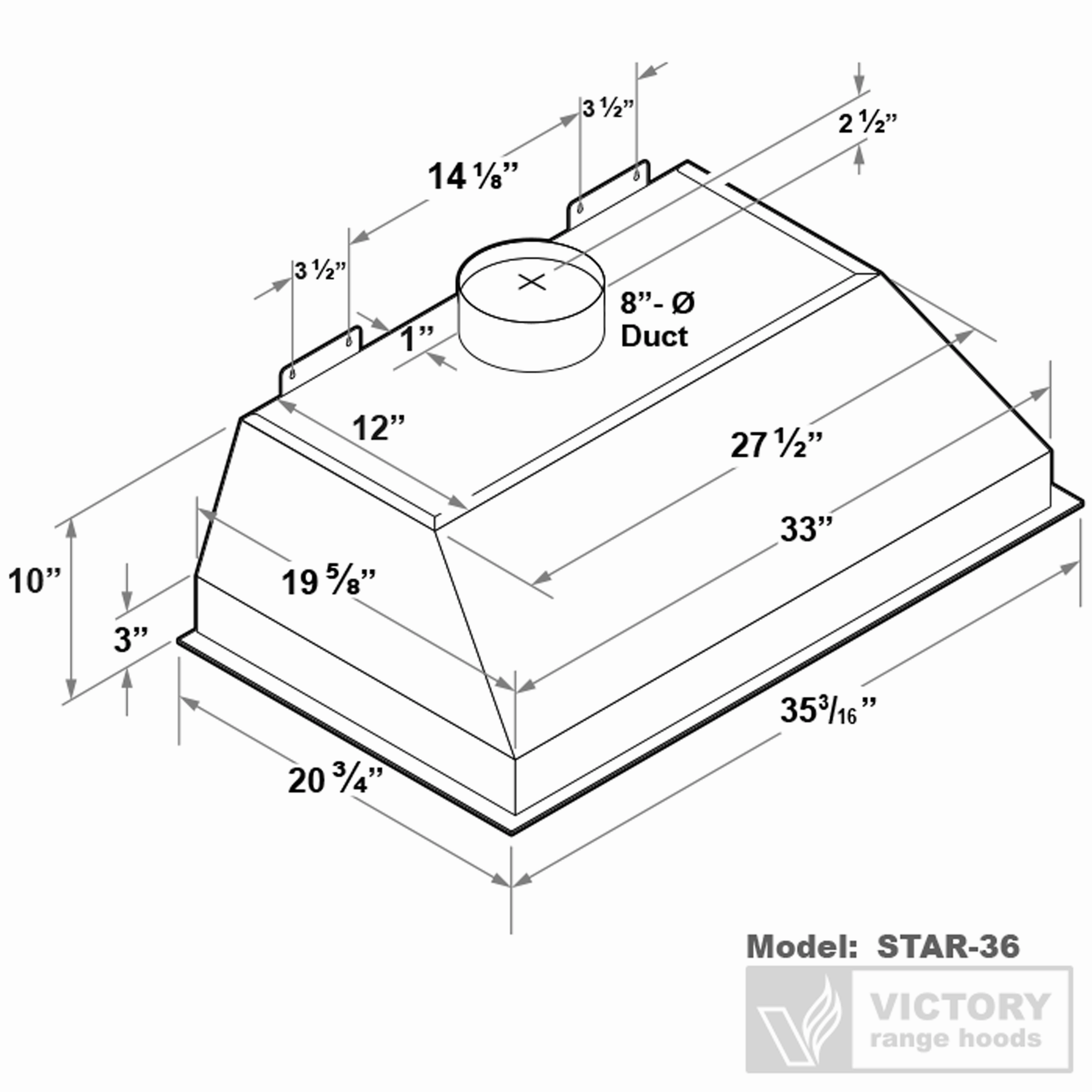 VICTORY Stainless Steel 36" 900 CFM Range Hood Insert - Star-36
