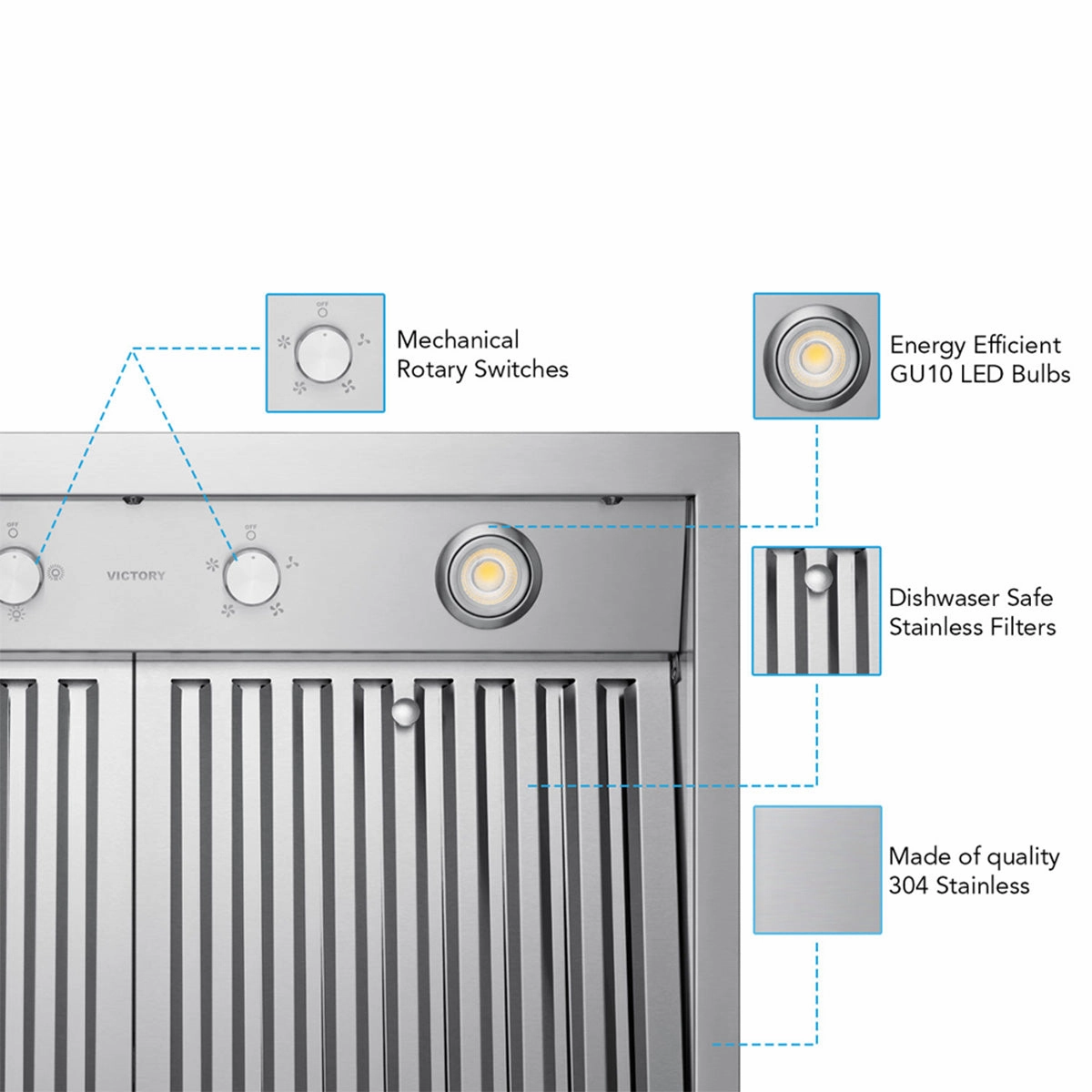 VICTORY Stainless Steel 48" 1200 CFM Wall Mount Range Hood - Twister-MAX-48