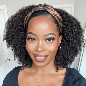 Weekly Special | Natural Black Jerry Curly No Lace Glueless Free Part Long Headband Wig 100% Human Hair (Get Free Trendy Headbands)